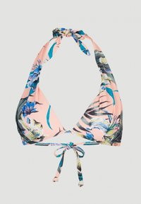 Top de bikini floral rosa com copas triangulares, padrões tropicais em azul e verde, design de alças de pescoço, e fecho ajustável nas costas.