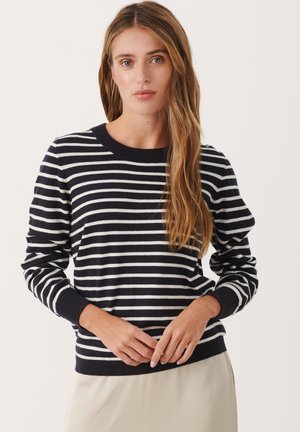Navy and white striped pullover sweater with a round neckline and ribbed cuffs. Features long sleeves and a relaxed fit.