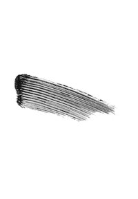 Tratto di mascara nero con linee di setole visibili su uno sfondo bianco, che mostra la texture e il gradiente dell'applicazione del prodotto.