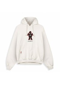 Felpa oversize bianca con grafiche nere e rosse che raffigurano una figura stilizzata sul petto. Include una tasca anteriore e cappuccio con cordino.