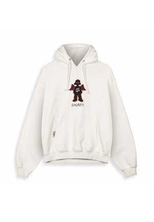 White oversized hoodie, featuring a black and red graphic of a stylized figure on the chest. Includes a front pocket and drawstring hood.