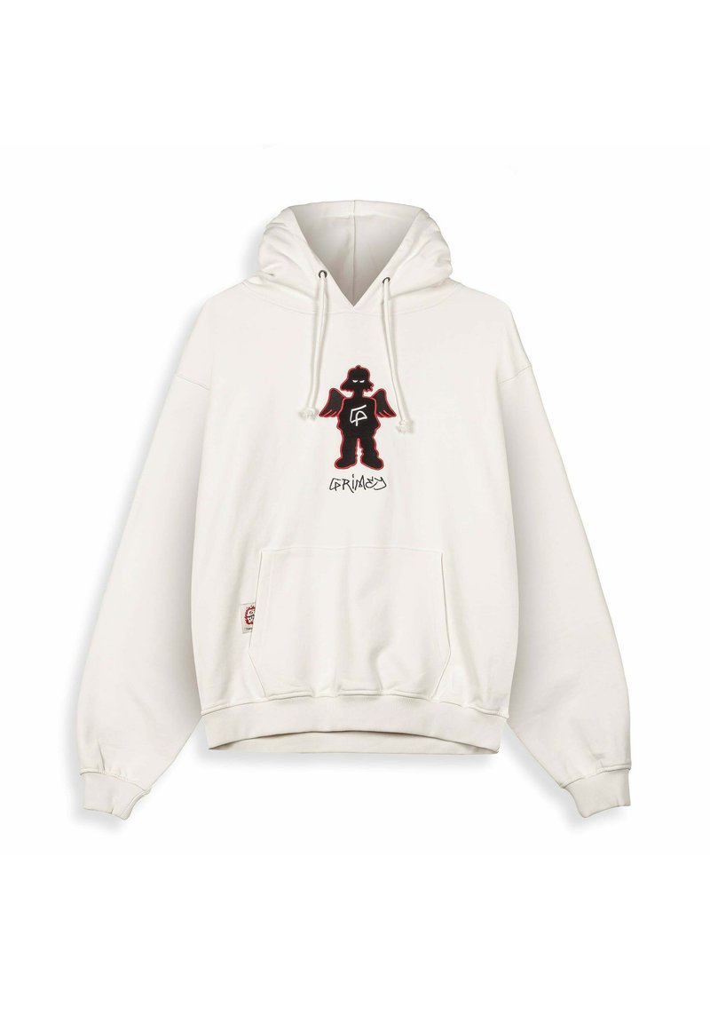 Felpa oversize bianca con grafiche nere e rosse che raffigurano una figura stilizzata sul petto. Include una tasca anteriore e cappuccio con cordino.