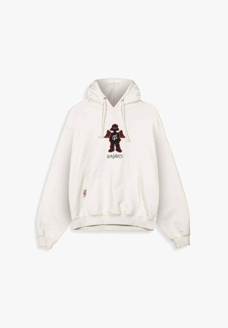 Felpa oversize bianca con grafiche nere e rosse che raffigurano una figura stilizzata sul petto. Include una tasca anteriore e cappuccio con cordino.