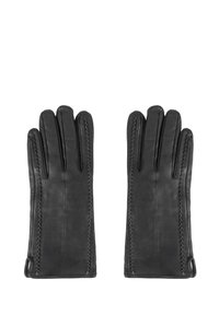 Guanti in pelle nera con una superficie liscia, caratterizzati da un design classico, costruzione a cinque dita e cuciture decorative lungo i bordi.