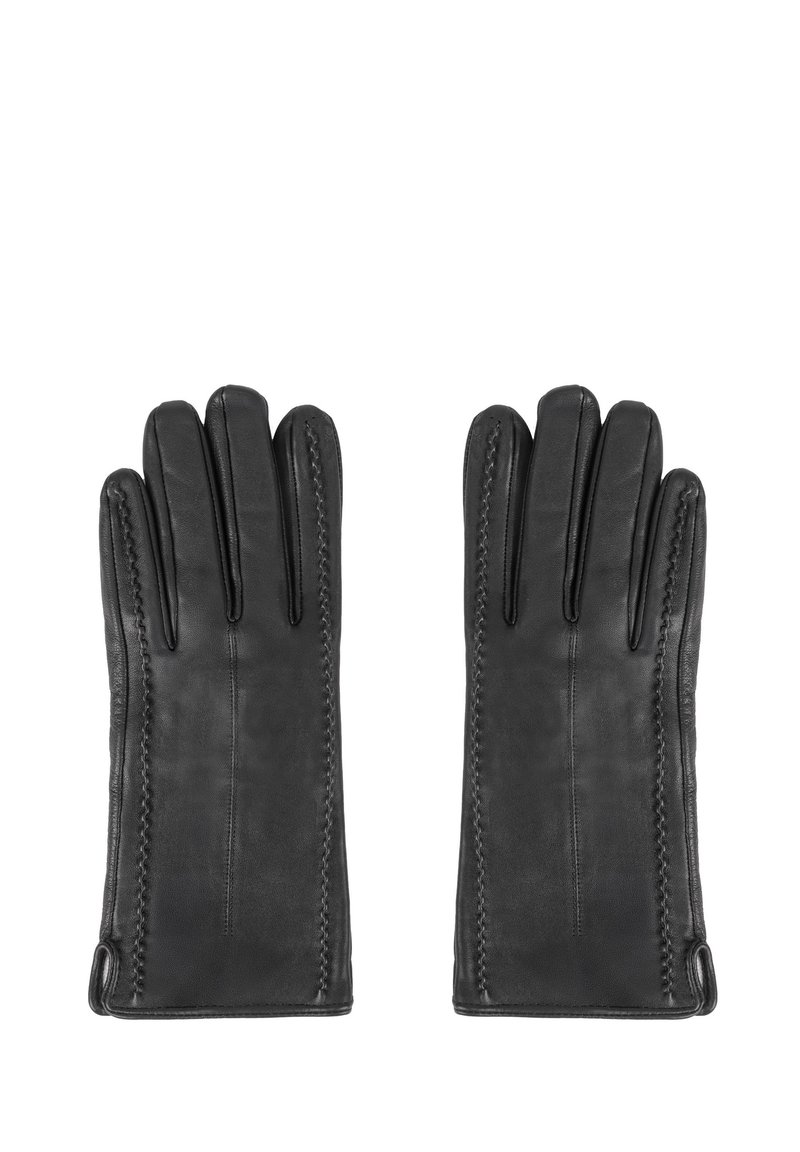 Guanti in pelle nera con una superficie liscia, caratterizzati da un design classico, costruzione a cinque dita e cuciture decorative lungo i bordi.