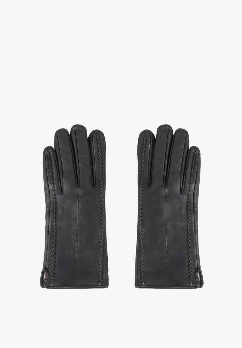 Guanti in pelle nera con una superficie liscia, caratterizzati da un design classico, costruzione a cinque dita e cuciture decorative lungo i bordi.