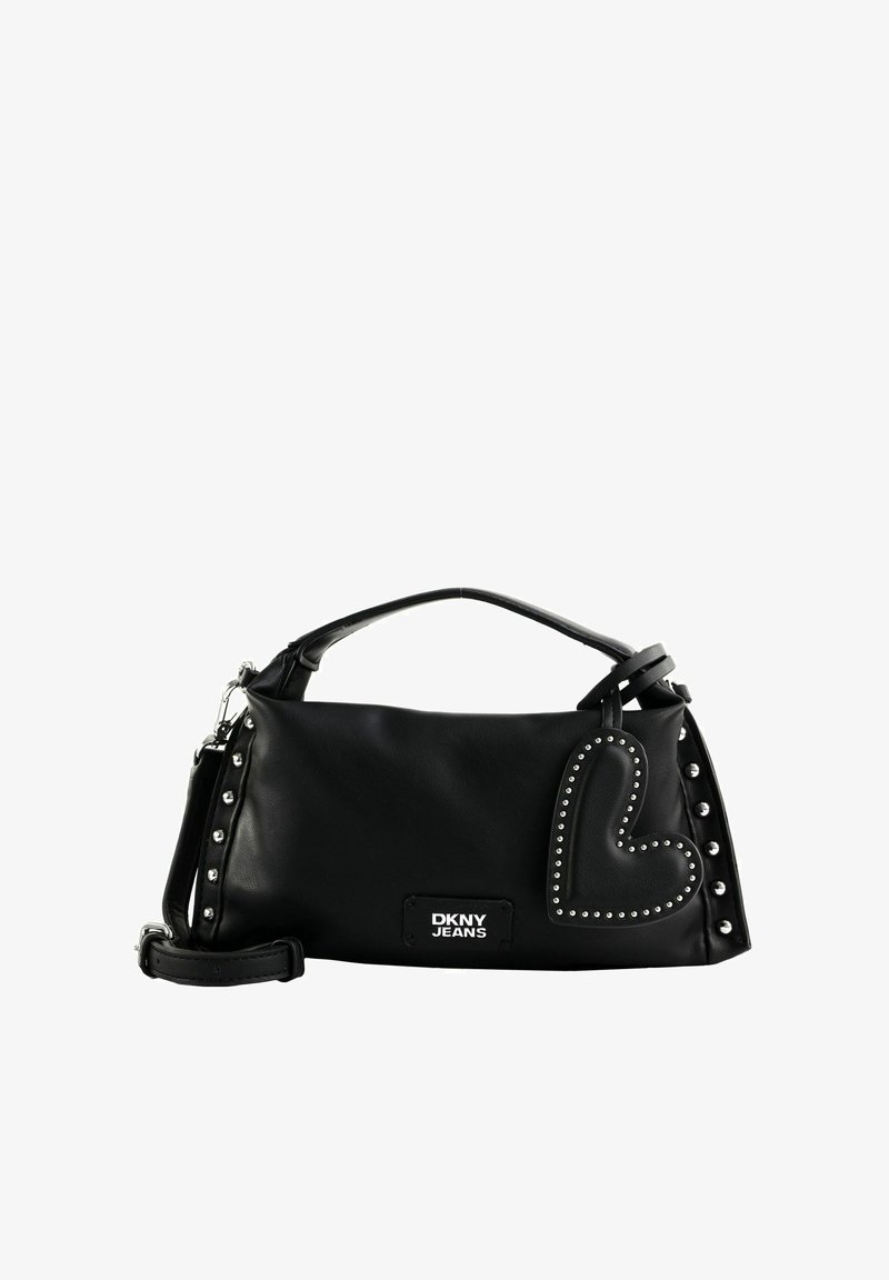 Sac à main noir DKNY Jeans avec poignée courte, bandoulière amovible, clous argentés sur les côtés et décoration cloutée en forme de cœur à l'avant.