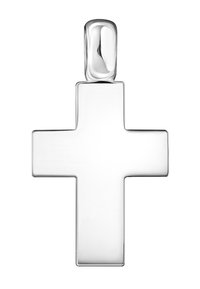 Silberanhänger in Kreuzform mit glatter, polierter Oberfläche. Verfügt über ein einfaches, symmetrisches Design und eine abgerundete Öse zur Befestigung.