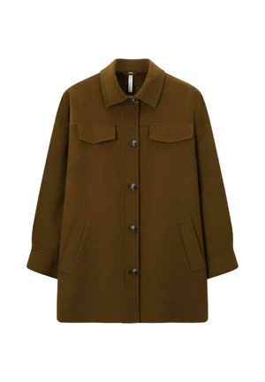 Manteau en laine marron avec un col, fermeture à boutons sur le devant, deux poches poitrine et poches latérales. Présente une coupe décontractée et un tissu texturé.