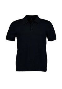 Polo shirt nero in cotone, con colletto classico, patta con tre bottoni, maniche corte e orlo dritto.