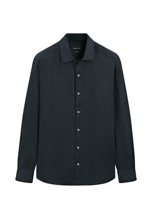 Chemise noire à manches longues, boutonnée, avec col classique et poignets boutonnés, présentée à plat sur un fond blanc.