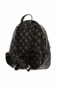 Sac noir en cuir avec un motif géométrique beige, sangles réglables, une petite poignée et un compartiment zippé sur le côté.