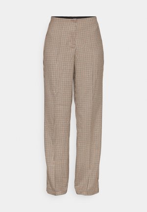 Rechte broek met hoge taille, beige en bruin fijn ruitpatroon en plooien aan de voorkant van de pijpen.