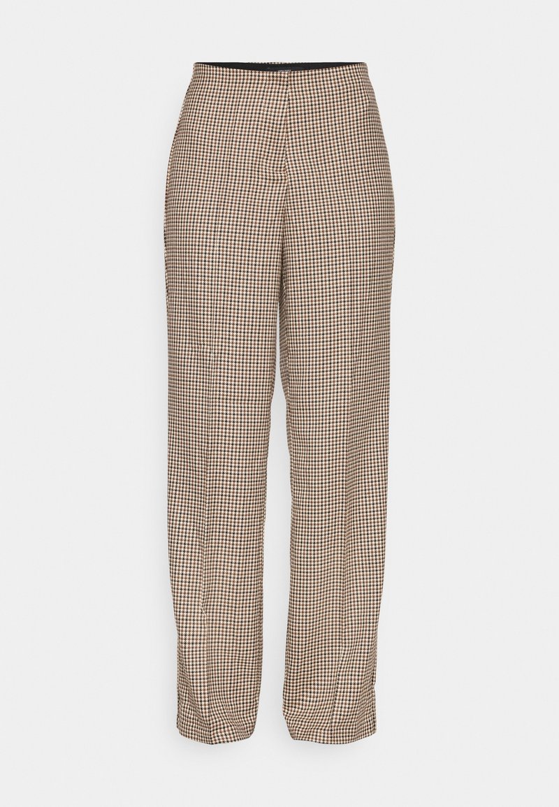 Pantalon droit taille haute avec motif à petits carreaux beige et marron et plis sur le devant des jambes.