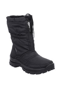 Bota de nieve negra con parte superior acolchada, cremallera lateral y suela de goma texturizada. Presenta detalles de costura y un tacón ligeramente elevado.