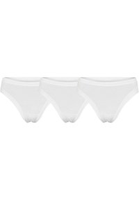 Hvide bikini-trusser, tre-pakning, lavet af blødt bomuld. Har en glat talje og et lavtaljet design. Ingen yderligere mønstre eller detaljer.