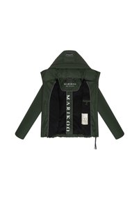 Groene waterdichte jas met capuchon, voorzien van een zwarte voering aan de binnenkant, logodetails, ritssluitingen aan de zakken en een verstelbare zoom.