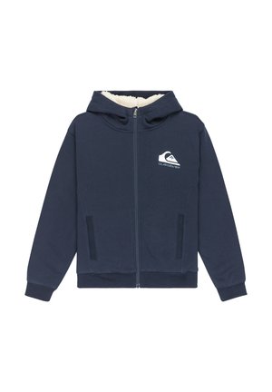 Haut à capuche zippé bleu marine, avec une doublure intérieure douce, des poches latérales et un logo blanc sur la poitrine gauche. Texture lisse avec des poignets côtelés.