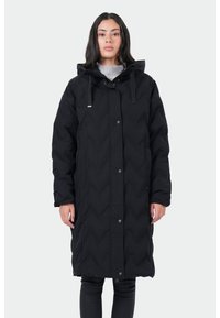Zwarte gewatteerde parka met capuchon, met een zigzagpatroon, drukknopen en zijzakken; gemaakt van duurzame, weerbestendige stof.
