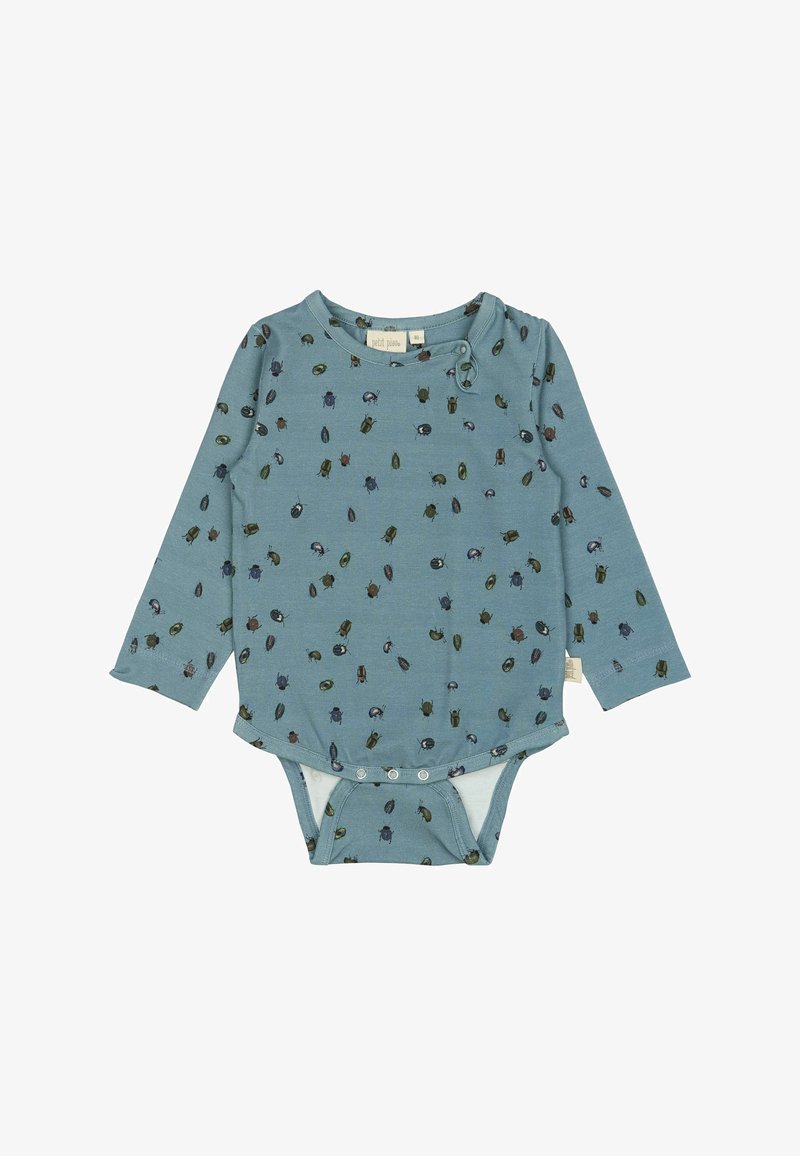 Long-sleeve baby bodysuit in blue-green cotton with bug print, featuring snap closure at the bottom and side button for easy dressing.
