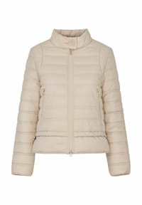 Beżowa kurtka puchowa z wysokim kołnierzem, pionowym pikowaniem, zamkiem z przodu oraz dwoma bocznymi kieszeniami na zamek z złotymi akcentami.