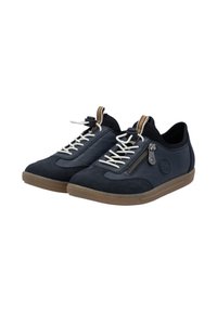 Dark blue sneakers with a combination of suede and smooth material, featuring white laces, a side zipper, and a rubber sole.