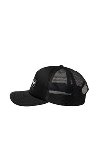 Black baseball cap with a solid front panel and mesh back. Curved brim with subtle stitching and a rectangular logo patch on the front.