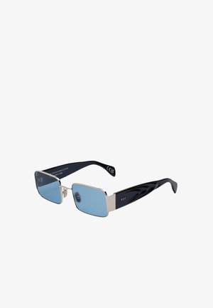 Occhiali da sole rettangolari con lenti blu, dettagli in metallo argentato e aste in plastica nera con un motivo a onde. Marcati "RSF" sulla asta.