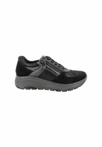 Sneaker in suede e pelle nera con suola in gomma, parte superiore testurizzata, chiusura con lacci e zip, e tacco leggermente elevato.