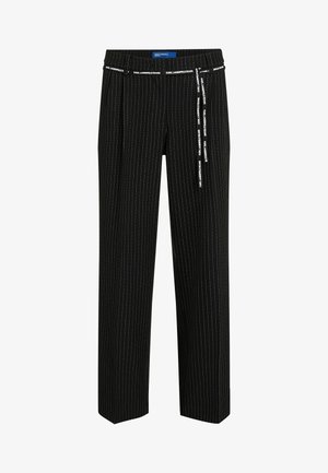 Pantalon noir à fines rayures blanches verticales, ceinture ajustable avec branding Karl Lagerfeld Jeans, coupe droite.