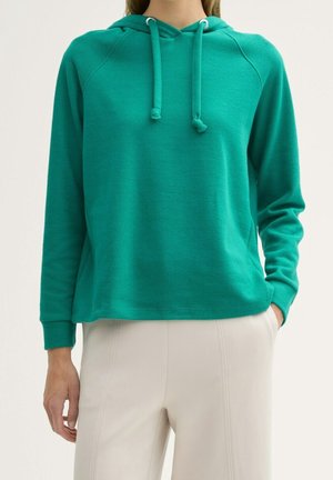 Sweat à capuche vert d'eau avec une coupe décontractée, doté d'une poche kangourou et de cordons de serrage. Texture lisse avec des poignets et un ourlet côtelés.