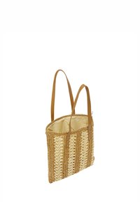 Vævet str�åtaske med kontrasterende cremede striber, med to brune læderhank og et rummeligt beige interiør.