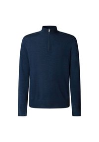 Marineblaue Pullover mit Reißverschluss am Hals, aus strukturiertem Strickstoff gefertigt. Verfügt über lange Ärmel und einen lockeren Schnitt mit einem silbernen Reißverschluss am Hals.