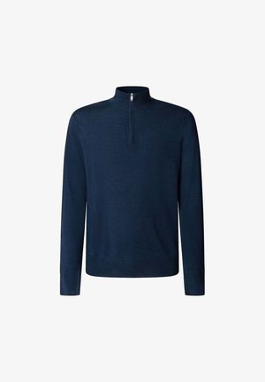 Pulover s patentnim zatvaračem u tamnoplavoj boji, izrađen od teksturiranog pletenog materijala. Ima duge rukave i ležeran kroj s srebrnim patentnim zatvaračem na vratu.