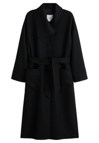 Černý vlněný kabát s širokým límcem, páskem v pase, bočními kapsami a voln�ými rukávy. Hladká textura a rovný silueta.