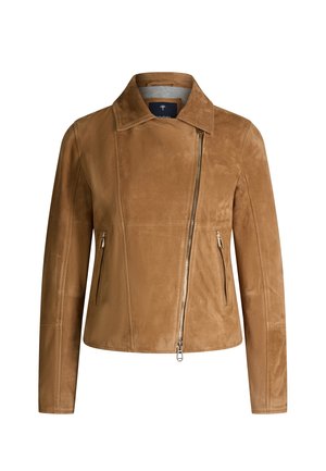 Giacca in camoscio marrone con chiusura con zip asimmetrica, due tasche laterali con zip e colletto a risvolto.