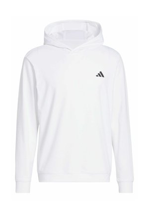White long-sleeve hooded sweatshirt with small black Adidas logo on the left chest, ribbed cuffs, and a subtle textured fabric.