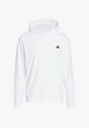 Biała bluza z kapturem i długim rękawem, z małym czarnym logo Adidas na lewej piersi, ściągaczami przy mankietach oraz subtelną fakturą tkaniny.
