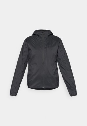 Black lightweight jacket with a hood, featuring a front zipper and long sleeves, made from smooth, water-resistant fabric.