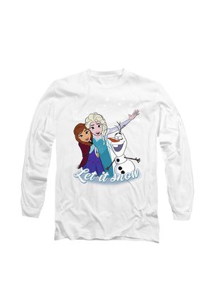 White long-sleeve shirt featuring cartoon characters Elsa, Anna, and Olaf with the text "Let it snow" in blue, surrounded by snowflakes.