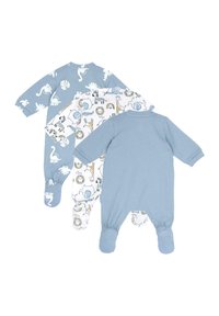 Två babybodys, en ljusblå med djurmönster och en vit med färgglada djurmotiv, båda med långa ärmar och fotad design.