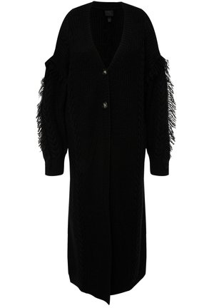 Cardigan nero lavorato a maglia con profondo scollo a V, due bottoni e dettagli frangiati sulle maniche, con un design lungo e aperto.