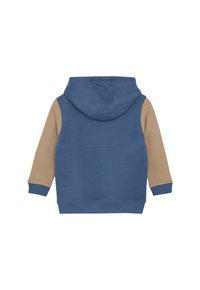 Felpa con cappuccio, corpo blu e maniche beige. Presenta una tasca a marsupio e polsini a coste, realizzata in morbido tessuto misto cotone.