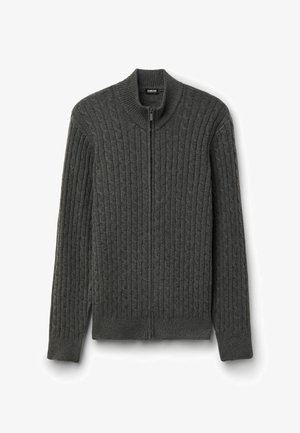 Dark gray knitted cardigan with a zip front, ribbed texture, high collar, and long sleeves. Features a straight hem and side splits.