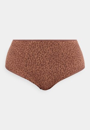 Bruine slip met hoge taille en subtiele luipaardprint textuur op een effen lichtgrijze achtergrond.