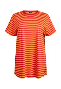 Short-sleeve t-shirt featuring horizontal stripes in red and yellow, round neckline, relaxed fit, and side slits at the hem.