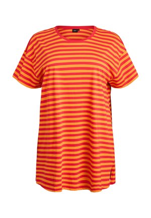 Short-sleeve t-shirt featuring horizontal stripes in red and yellow, round neckline, relaxed fit, and side slits at the hem.