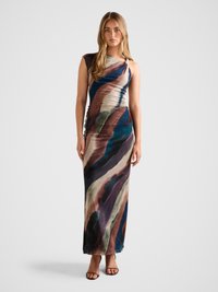 Maxi dress in a blend of blue, green, brown, and cream colors with a one-shoulder design and soft, stretchy fabric. Sleek and fitted silhouette.