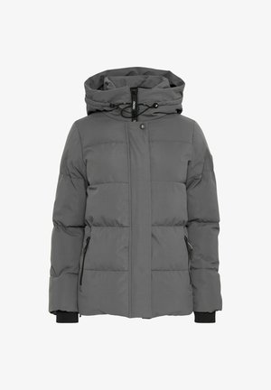 Doudoune grise avec capuche, dotée d'une fermeture éclair, de poches latérales avec zippers et de poignets côtelés pour plus de chaleur.