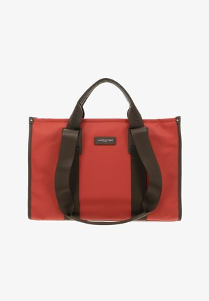 Borsa tote sintetica rossa con manici in tessuto marrone e dettaglio logo. Forma rettangolare con una texture liscia e bordi rinforzati.